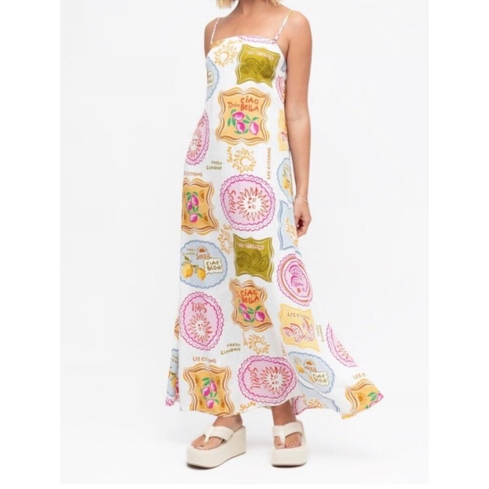 Paper Heart Amalfi Coast Coastal Icon Chic Les Citrons Maxi Linen Dress size M
